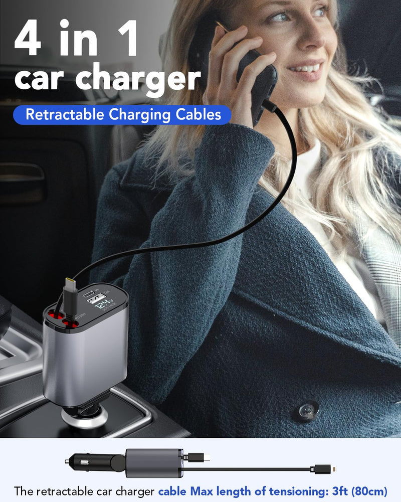 Retractable Car Charger, 4 in 1 Fast Car Phone Charger 66W, 2 Retractable Cables and USB Car Charger,Compatible with iPhone 15/14/13/12/11,Galaxy,Pixel
