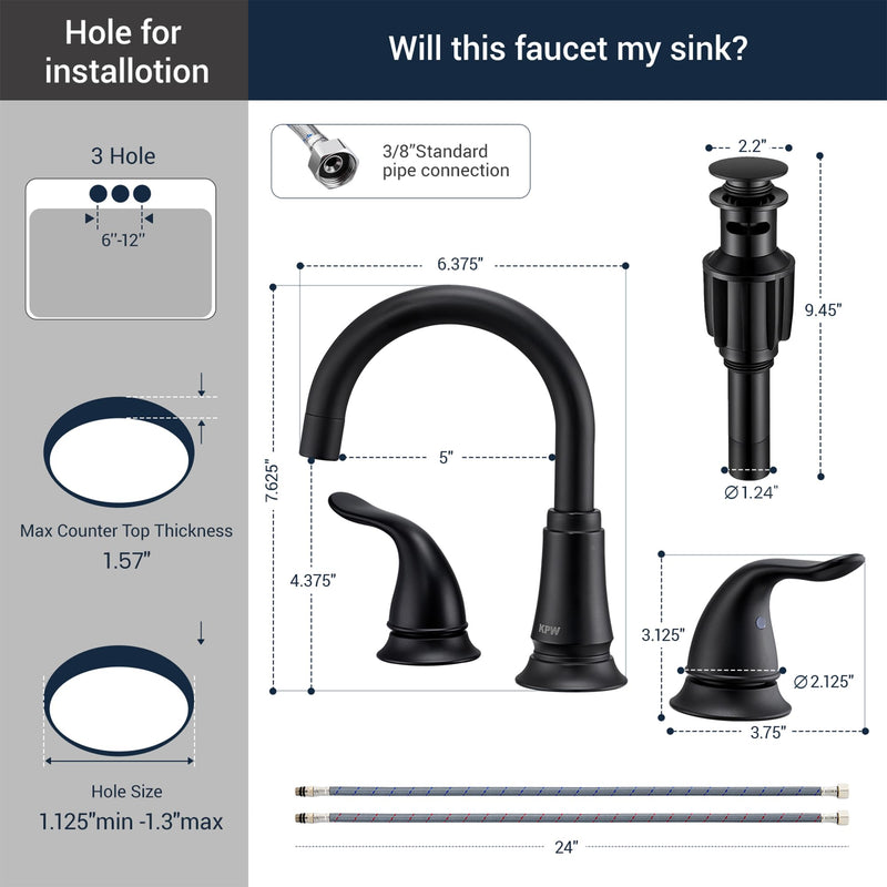 KPW Matte Black Bathroom Faucet 3 Hole, 8 Inch Widespread Bathroom Sink Faucet with Pop-up Drain Assembly and Supply Lines, Two Handle for Lavatory, Restroom