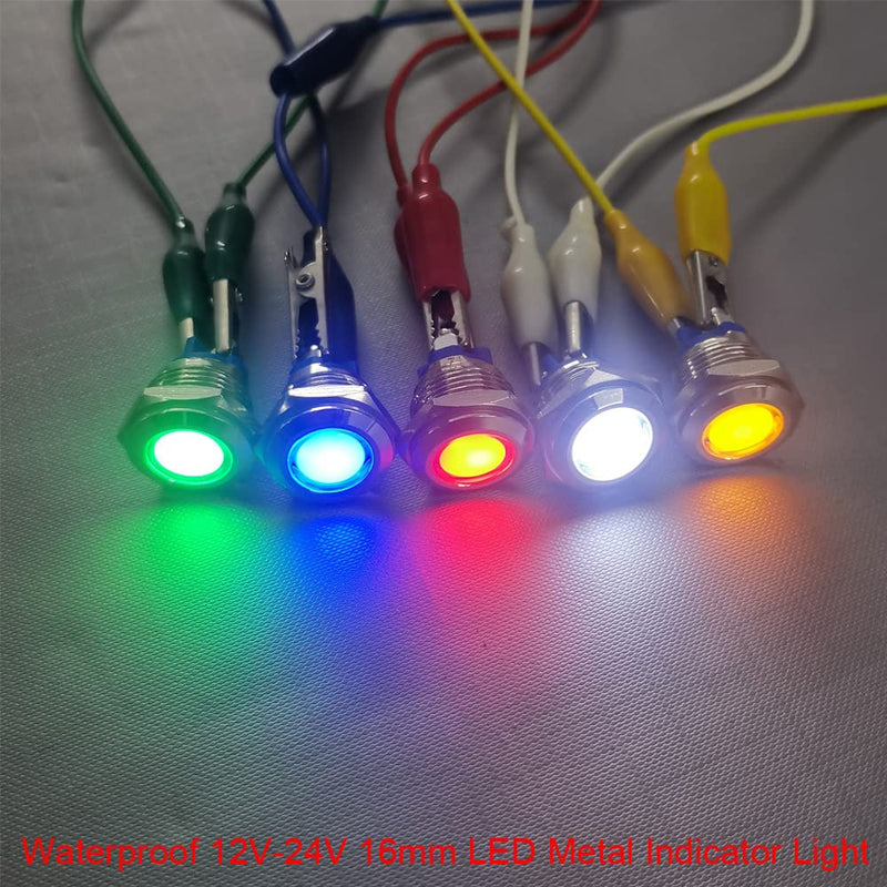 GUUZI 5pcs 12V-24V 16mm LED Metal Indicator Light Waterproof Signal Lamp with Wire(Red/Yellow/Blue/Green/White) Red/Yellow/Blue/Green/White