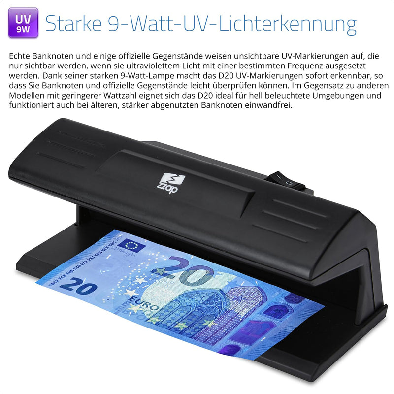 The ZZap D20 - Counterfeit Checker - UV Detection with a 9 Watt Long Life Bulb, Ideal for Checking Currency, Official Items and More