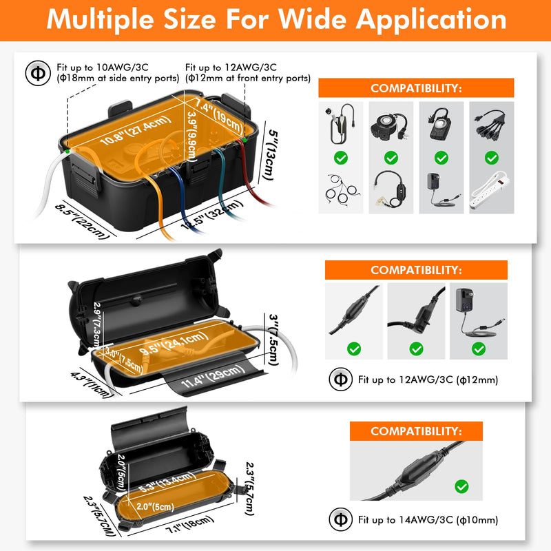 RESTMO 2 Pack Outdoor Waterproof Electrical Box, Weatherproof Connection Box, Extension Cord Cover, Safety Seal Enclosure to Protect Extension Cables, Strip Light, Power Tool, Timers, Black Medium