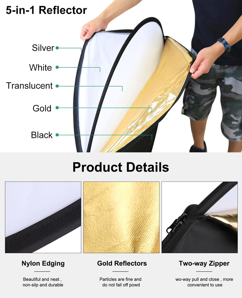 PULUZ 5-in-1 Collapsible Reflector for Photography - 24” (60cm) Light Reflector with Storage Bag Kit for Studio Photography Lighting Outdoor (Silver/Translucent/Gold/White/Black) 24 Inch/60cm