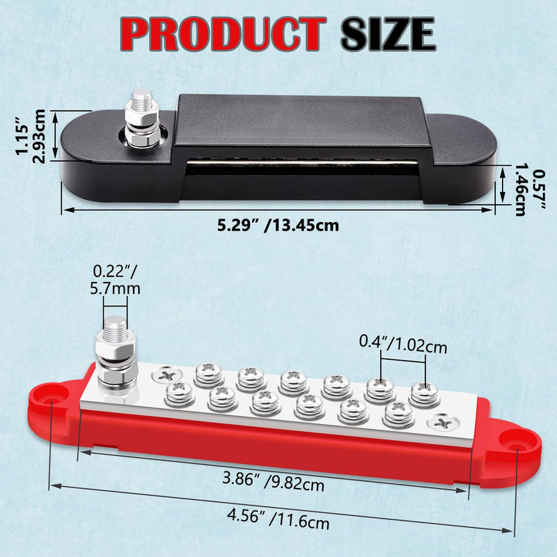 12V Power Distribution Block 150A 1/4" Stud Bus Bar Marine with 2PCS Silicone Terminal Covers, 2PCS Copper Lugs and Ring Terminals for Car and Boat (Black+Red) Q-078