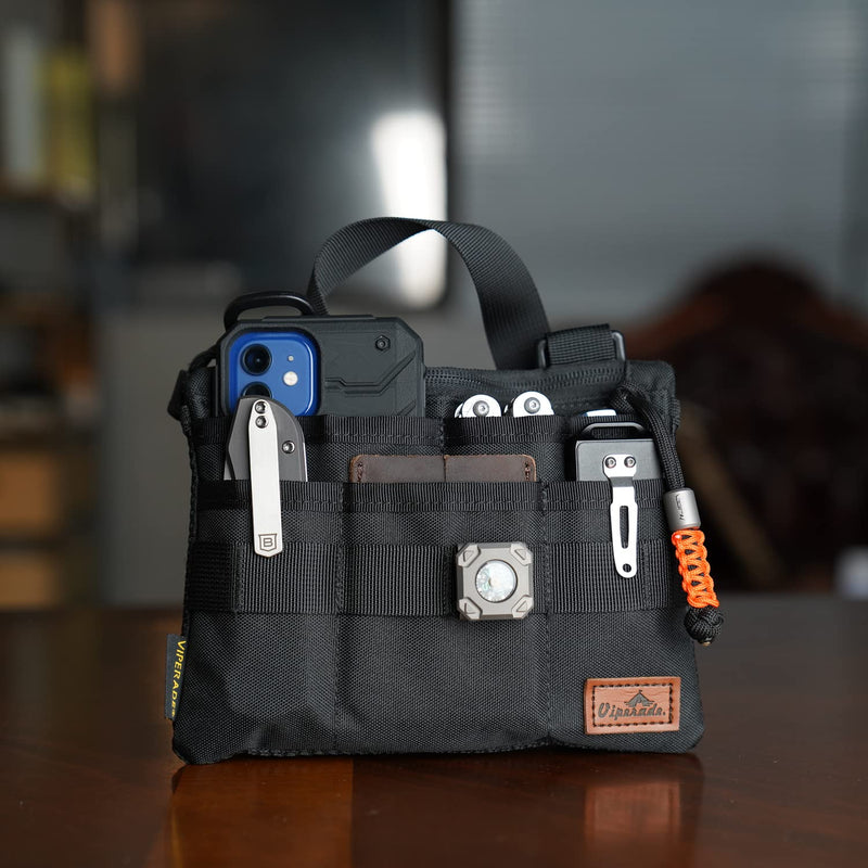 VIPERADE VE5 Slim EDC Pouch with 7 Pockets, Mens Pocket Organizer Multitool Pouch, Mini Crossbody Messenger Bag (No Strap) Black