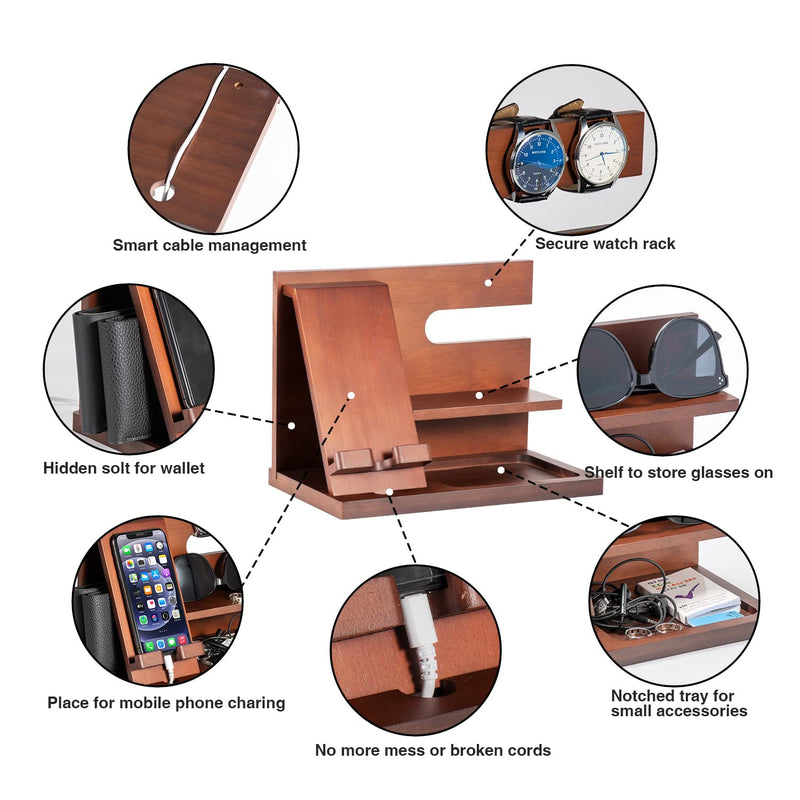 Wood Phone Docking Station - Gifts for Men Desk or Nightstand Organizer - Birthday Gifts for Husband, Fathers Day for Dad - Anniversary Idea from Wife - Key Holder, Stand Wallet, Watch & Essentials Wood
