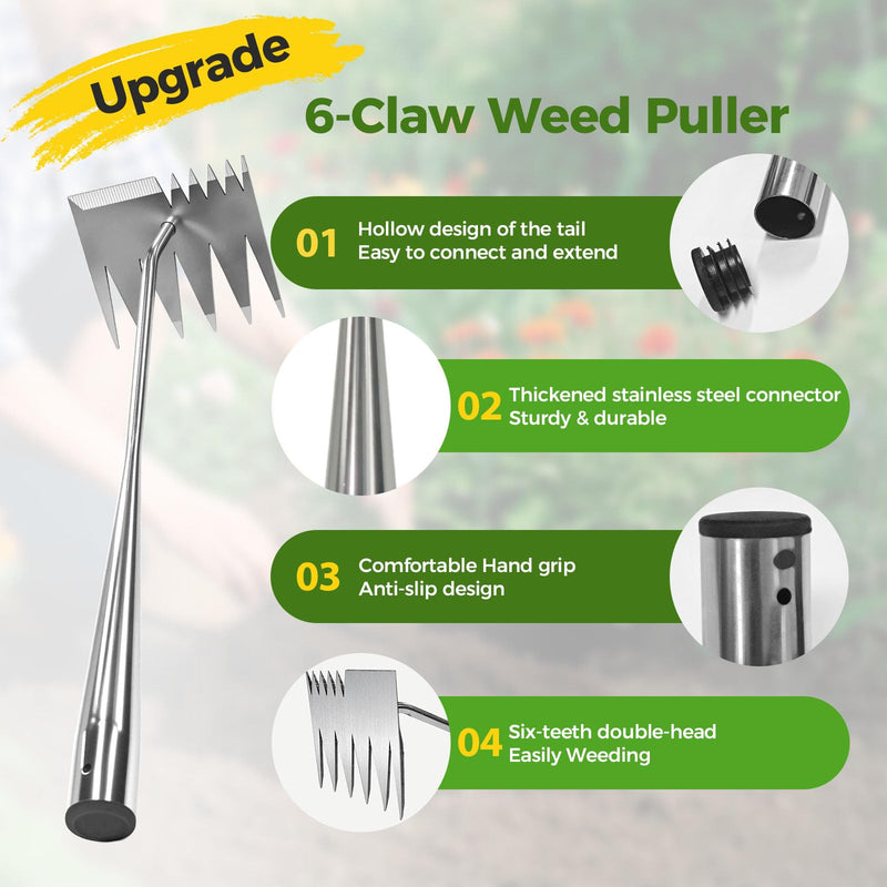 Weed Puller Tool, 2025 Upgraded Portable Manual Weeding Tools Gardening, 6 Teeth Dual Head Stainless Steel Hand Garden Weeding Rake, Weed Remover Tool for Gardening Backyard Yard Farm Planting Weeding