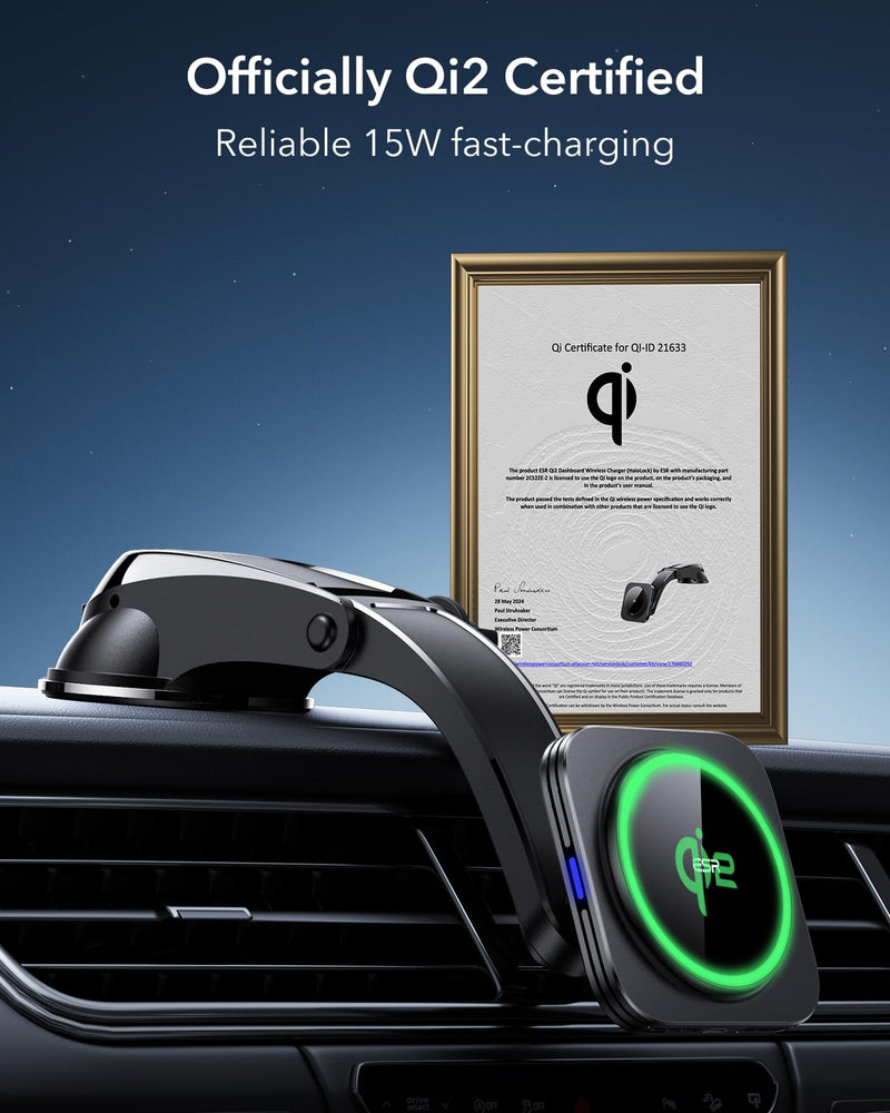 ESR for Qi2 15W MagSafe Car Mount Charger, Qi2-Certified MagSafe Car Charger, Dashboard Magnetic Wireless Car Charger Mount, for iPhone 15/14/13/12 Series, Fast Charging, Car Accessories, Black