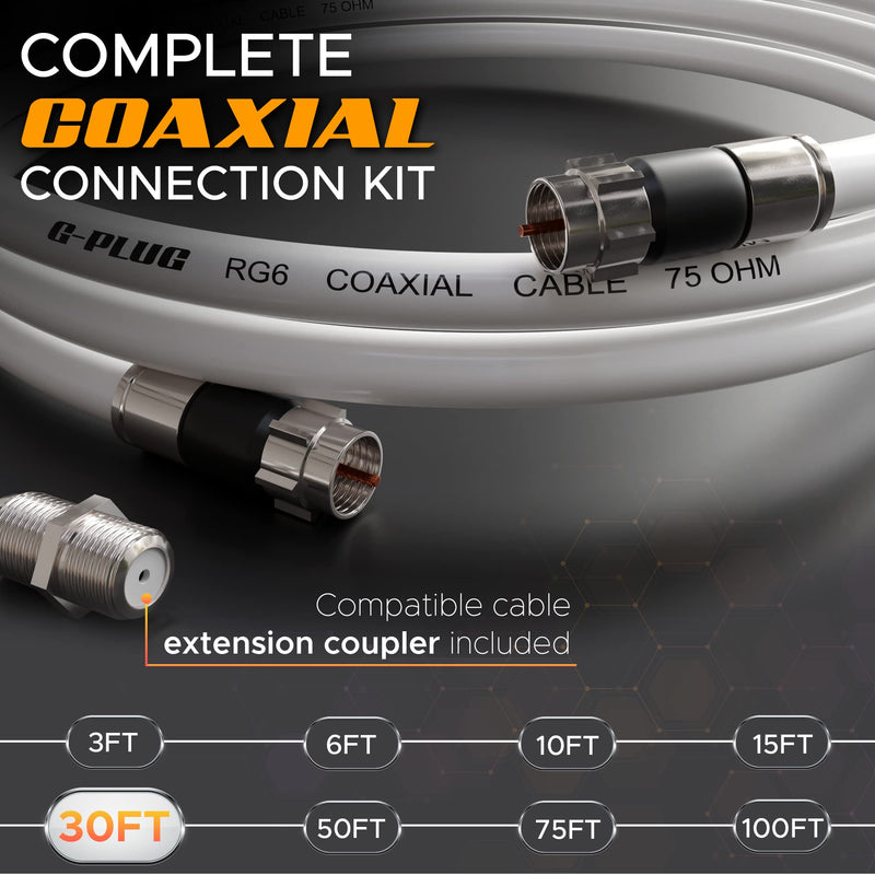 G-PLUG 30FT RG6 Coaxial Cable Connectors Set – High-Speed Internet, Broadband and Digital TV Aerial, Satellite Cable Extension – Weather-Sealed Double Rubber O-Ring and Compression Connectors White 30 FT