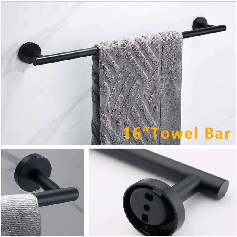 Nolimas 5Pieces Matte Black Bathroom Hardware Set Included 16" Lengthen Hand Towel Bar,Toilet Paper Holder,3pcs Robe Towel Hooks SUS304 Stainless Steel Bathroom Accessories Kit