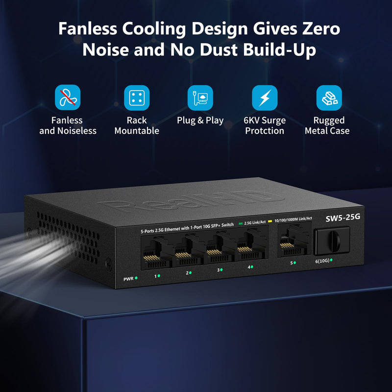 5 Port 2.5GB Ethernet Switch Unmanaged Network Switch | 5 x 2.5 Gigabit | 1 x 10G SFP+ | Multigig Switch 10-100-1000Mbps | 45G Bandwidth | Plug & Play | Fanless Metal Internet Switch 5 Port 2.5GB Switch Unmanaged