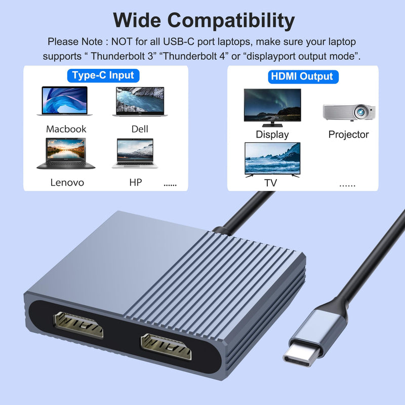 Dual HDMI Adapter for 2 Monitors, Double 4K@60Hz HDMI Splitter for dual monitors, Dual Monitor Adapter, hdmi Splitter Extended Display, USB C Laptop Docking Station Dual monitor for Dell/Mac/HP/Lenovo Dual HDMI Port 4K@60Hz