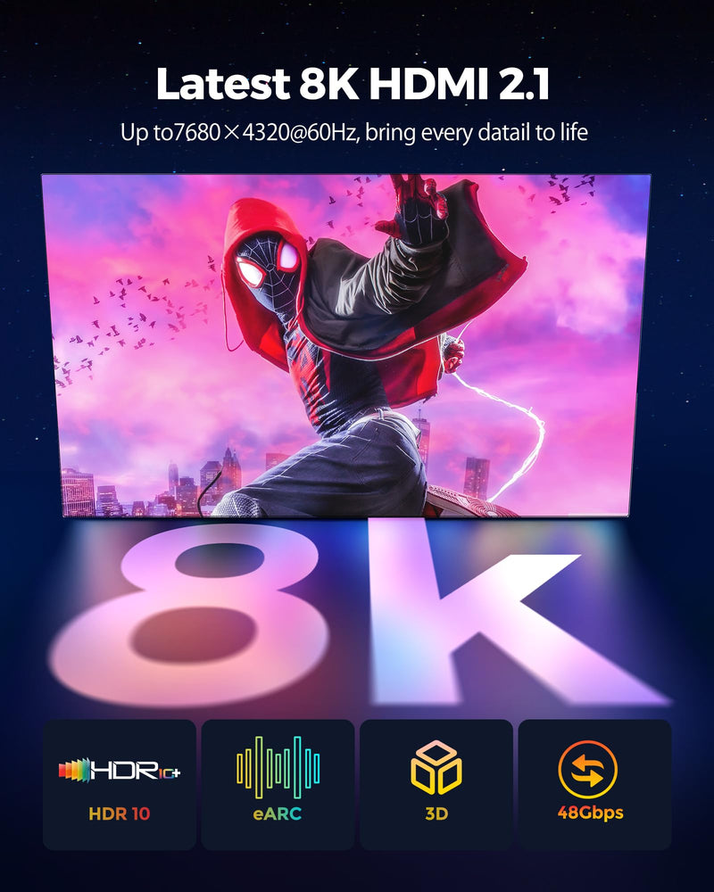 Silkland 8K HDMI 2.1 cable, HDMI eARC cable for soundbar 48Gbps, PS5 HDMI cable 4K@120Hz, 2K@240Hz/144Hz, 8K@60Hz, Dynamic HDR, Dolby Atmos, HDCP 2.2/2.3 for Fire TV, HDTV, Xbox Series X /S, 2m