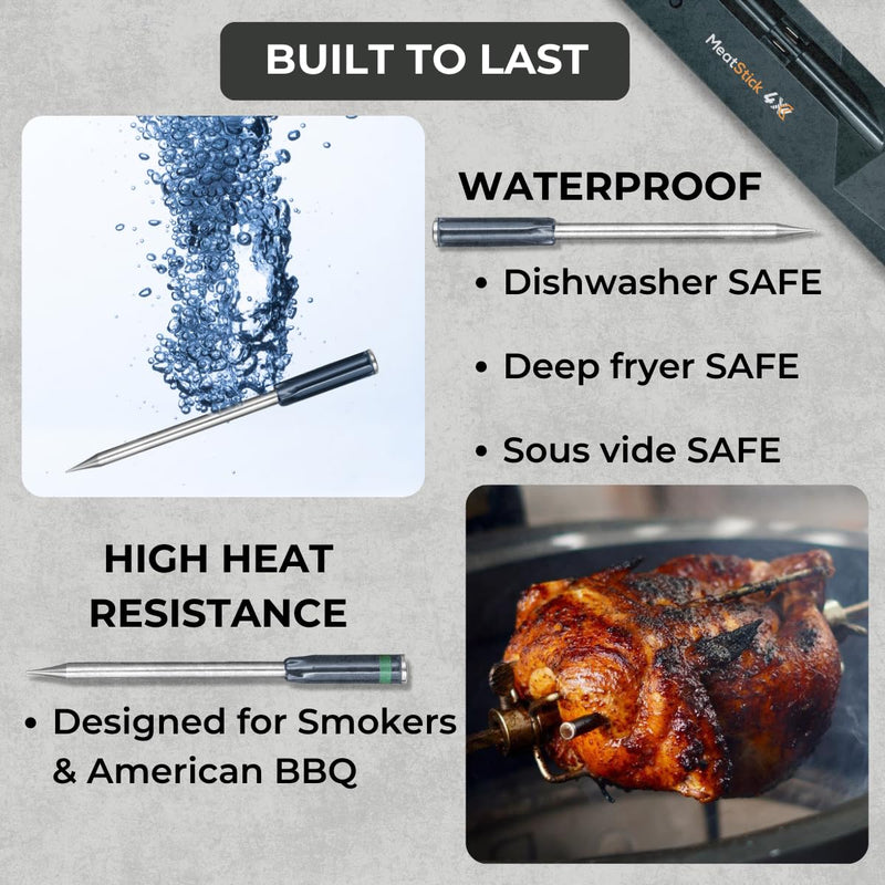 MeatStick 4X Wireless Meat Thermometer for Grilling and Smoking, Bluetooth Temperature Probe with 4 Sensors, 650ft+ Range for BBQ, Smoker, Oven MeatStick 4X Set (650ft Range)