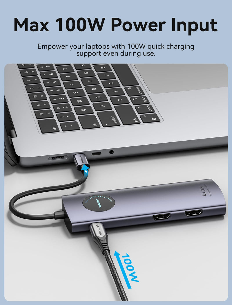 VENTION USB C Docking Station for Windows/MacBook, 9-in-1 USB C Docking Station Dual Monitor 4K@60Hz, Laptop Docking Station with Dual 4K HDMI, 100W PD, Gigabit Ethernet, 5Gbps USB-A Ports, SD/TF