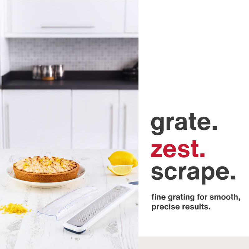 Zyliss SmoothGlide Rasp Grater – Fine Handheld Grater & Citrus Zester with Razor Sharp Stainless Steel Blade & Ergonomic Handle - Protective Cover with Measurements & Scraper - Handy Kitchen Essential