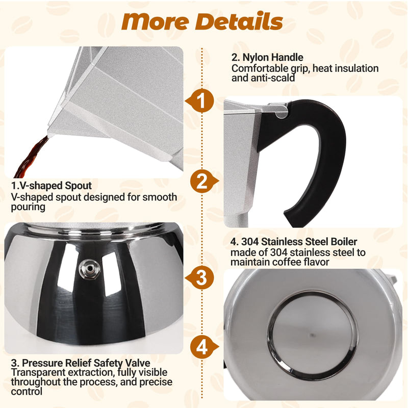 No Coating 4 Cup Aluminum and Stainless Steel Moka Pot Stovetop Espresso Maker Italian Coffee Machine 220ml 7.44oz Suitable for Gas Induction Stovetop Greca Coffee Maker Percolator Silver 4 Cup 220ml