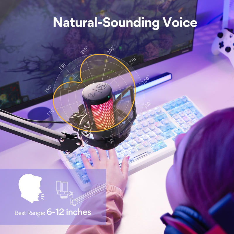 MAONO Gaming USB Microphone, Noise Cancellation Condenser Mic with Mute, Gain, Monitoring, Boom Arm Mic for Streaming, Podcast, Twitch, YouTube, Discord, PC, Computer, PS4, PS5, Mac, GamerWave DGM20S Black