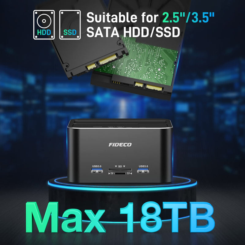 FIDECO Hard Drive Docking Station, USB 3.0 SATA to HDD Docking Station for 2.5 & 3.5 inch SATA HDD/SSD, Dual Bay, Support Offline Clone (Aluminum and ABS) Aluminum+ABS