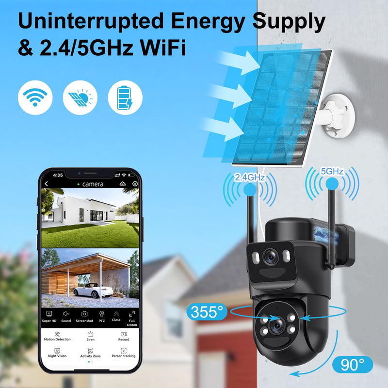 4K Solar Security Cameras Wireless Outdoor, 2.4G/5Ghz WiFi Cameras for Home Security, Dual Lens Solar Camera with Auto Tracking, Human Detection, Color Night Vision, Spotlight Siren,Alexa Black 1 Pack