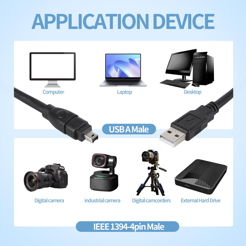 FireWire IEEE 1394 Cable for Data Transfer, USB to 4-Pin Connectors, 6ft USB to 4 Pin 1394