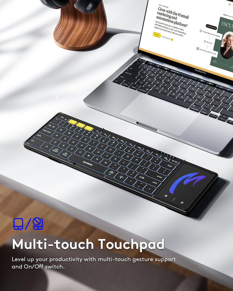 Samsers Foldable Bluetooth Keyboard with Touchpad, Full-Size Wireless Folding Keyboard with Backlight, Portable Travel Keyboard for iOS Android Windows Mac OS, Support 3 Device(BT5.1 x 3), Black