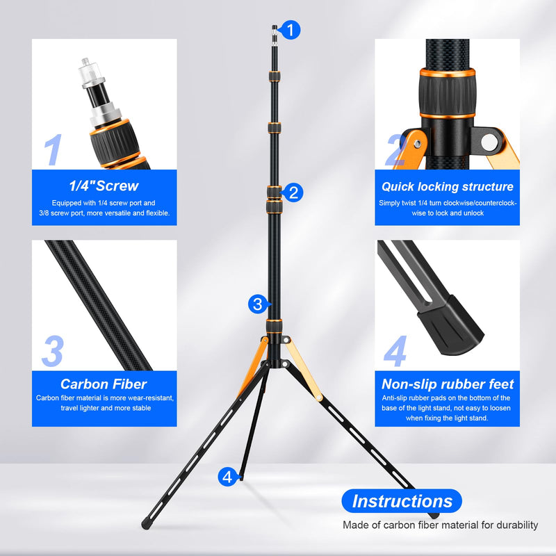 Carbon Fiber Extendable Travel Light Stand 7.2ft / 2.2m Sturdy Light Weight Portable Tripod Light Stand with Carry Bag for Photography Studio Outdoor Shooting Speedlight Flash Reflector Ring Light Carbon Fiber