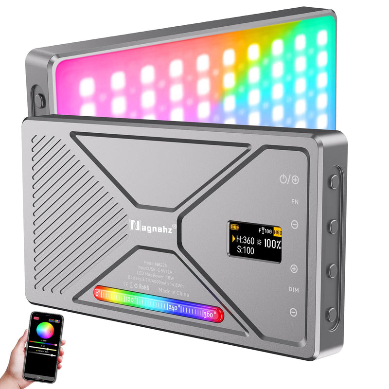 NA225 RGB Video Light App Control, 2500K-9900K, Build-in 4000mAh Rechargeable Battery Portable Phone Camera Photo Lights for Studio Photography Vlogging Streaming Live Beauty and Filming Metal gray