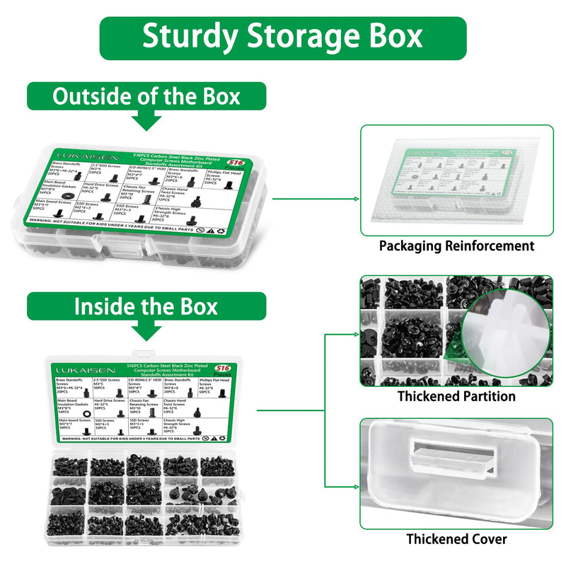 516PCS Computer Screws Assortment Kit, 6-32 Male to M3 Female Carbon Steel Black Zinc Plated Motherboard Standoffs Screws for 2.5''SSD Hard Drive Fan Power Graphics Chassis CD-ROM Computer ATX Case 516Pcs Black PC Screws