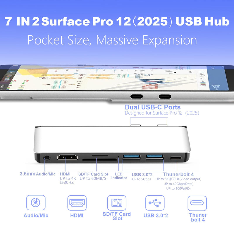 Surface Pro 12 Accessories Docking Station, USB Hub and Adapter with 4K HDMI, USB-C Thunderbolt 4 (Display+Data+100W PD), 2 USB 3.0, 3.5mm Audio, SD/TF Card Slot for Surface Pro 12 inch 2025