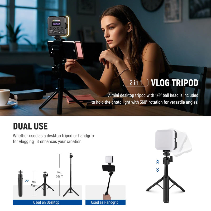 NEEWER Magnetic RGB Camera Video Light with Desk Tripod Stand & 3 Cold Shoes, Upgraded APP Control, CRI97+ 2500-8500K 2000mAh Rechargeable Photography Recording Small LED Panel Lighting, RGB62