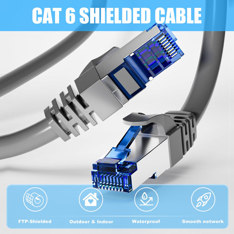 Outdoor Ethernet Cable 100ft, Cat 6 FTP Shielded Ethernet Cable Indoor, 23AWG High Speed Ethernet Patch Cords, Network, Interner Cable, UV Resistant, Waterproof, Direct Burial, with RJ45 for Router Grey