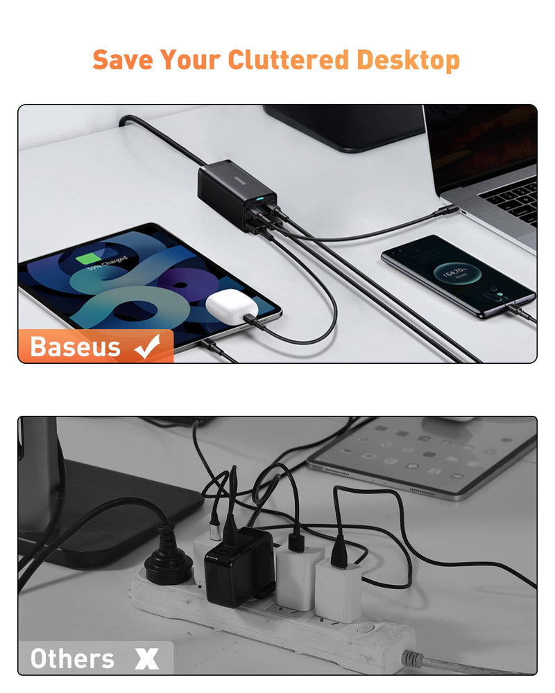 USB C Charger, Baseus 100W PD GaN3 Fast Wall Charger Block, 4-Ports [2USB-C + 2USB] Charging Station with 5ft Extension Cord for Steam Deck, MacBook Pro, iPhone 15/14/13, Samsung Galaxy, etc Black
