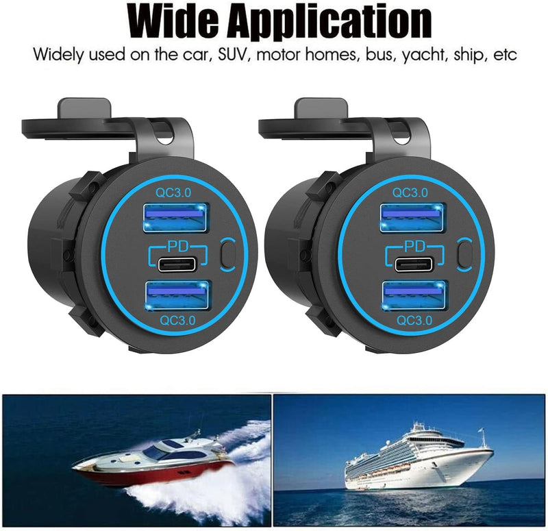 12v usb charger, PD 20W USB-C Power Socket and 18W QC3.0 Socket Waterproof Power Outlet 12V/24V with Power Switch 12V USB C Outlet for Car Golf Cart Boat Marine Bus Truck RV Marine Motorcycle etc.
