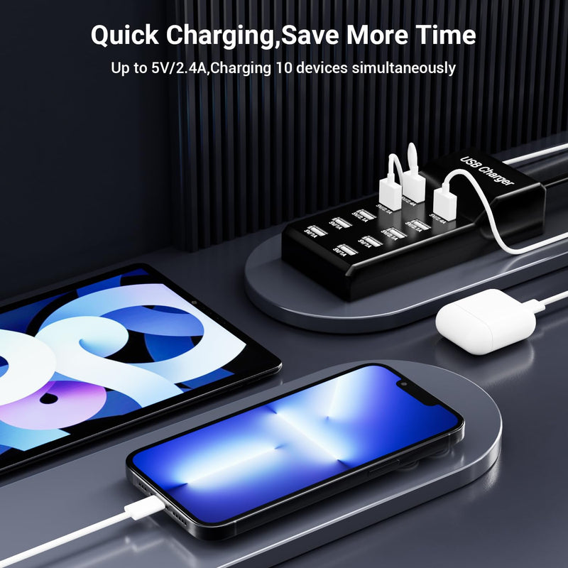 USB Charging Station 50w10A 10-Port USB Charger, Multiport USB Charger Station Hub, Compatible with iPhone, Galaxy, iPad Tablet, and Other USB Charging Devices Black