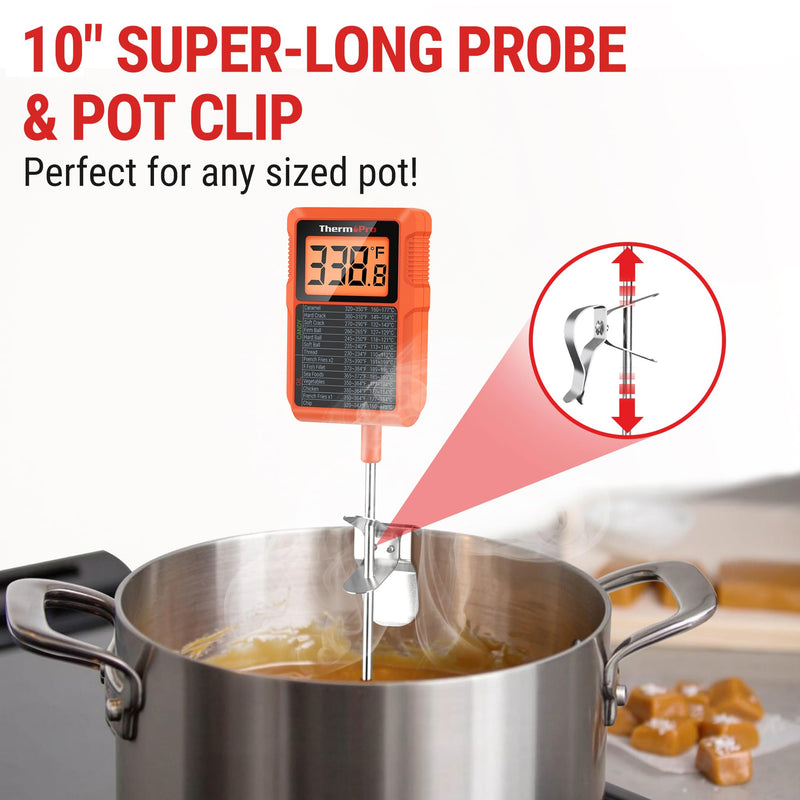 ThermoPro TP510 Waterproof Digital Candy Thermometer with Pot Clip, 10" Long Probe Instant Read Food Cooking Meat Thermometer for Grilling Smoker BBQ Deep Fry Oil Thermometer Temperature Guide
