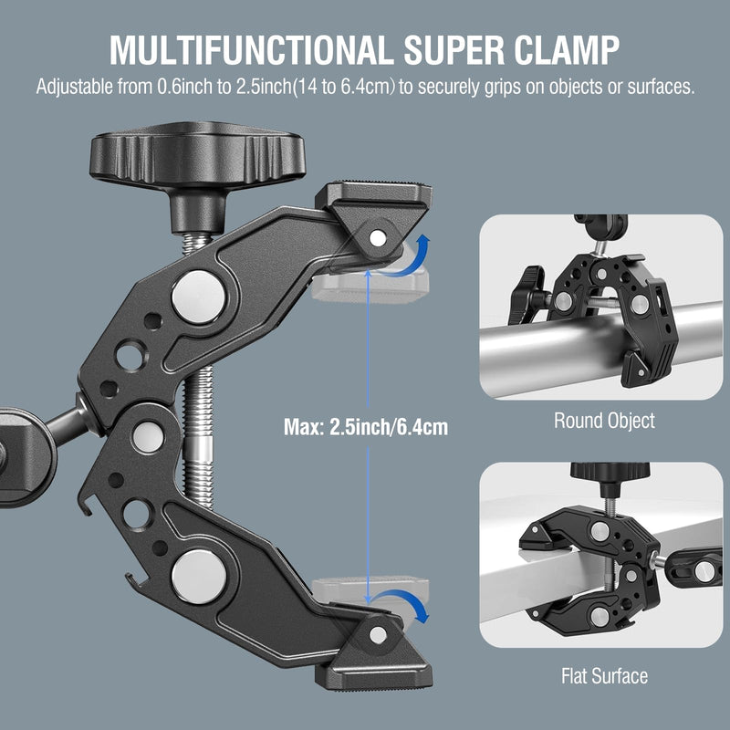 Super Clamp Camera Clamp Mount Monitor 360° Ballhead Magic Arm Double Ball Head Adapter with 1/4"-20 & 3/8"-16 Thread for Canon Nikon DSLR Camera