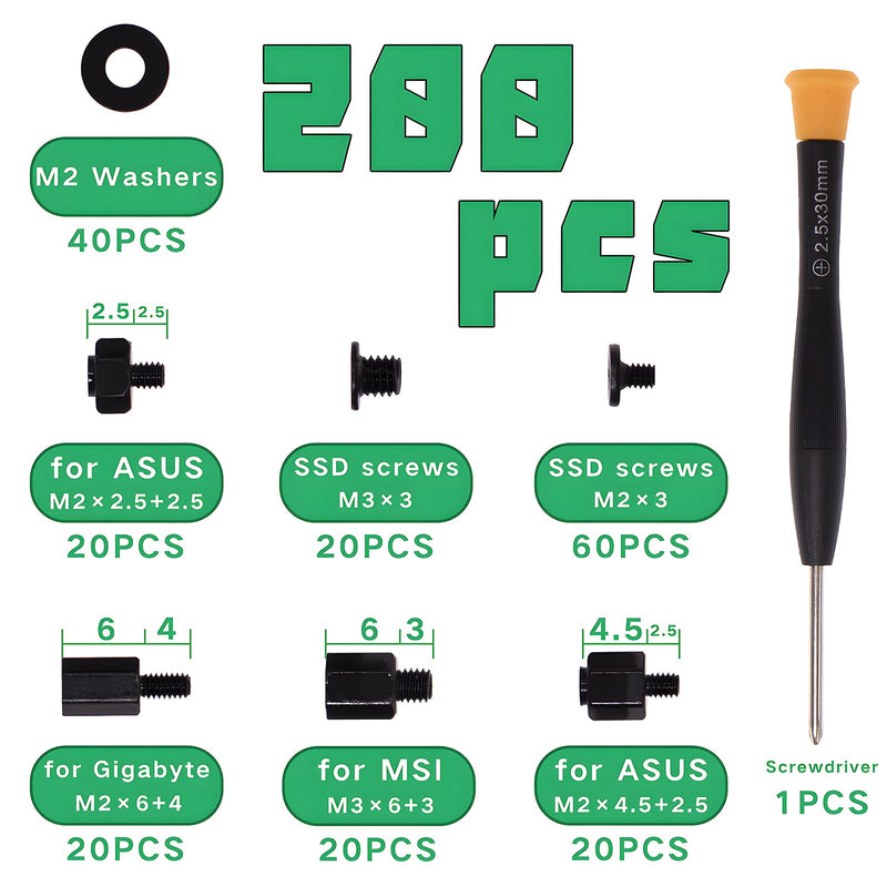 200Pcs M.2 Screw Kit - Black M2 SSD Mounting Screws for NVMe Laptops, Asus, Gigabyte, MSI Motherboards