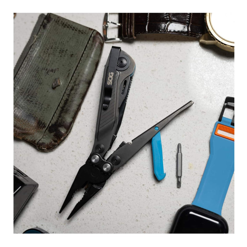 SOG Everyday Daily Solution EDC Flash MT Multi-Tool with CRYO D2 Steel Compact Pocket Size, 7 Tools, Stainless-Steel Housing, Urban Gray & Cyan One Size