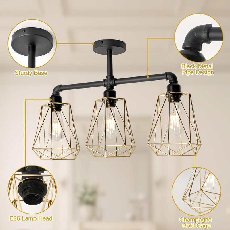SEEBLEN 3-Lights Modern Semi Flush Mount Ceiling Light Gold,Industrial Hallway Light Fixtures Ceiling Mount Farmhouse Chandelier Ceiling Light for Kitchen Island Dining Room Hallway Porch Foyer. 3-light（A）
