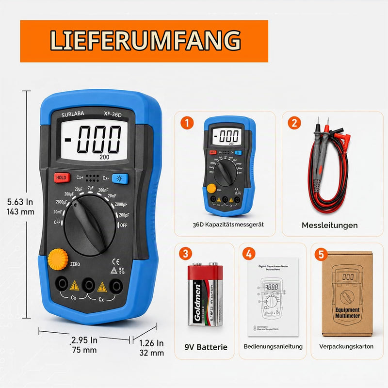Digital Capacitance Meter, XF-36D Capacitance Meter up to 20,000uF, 1999 Count Capacitor Meter Multimeter for Home, Industry, Error Checking blue