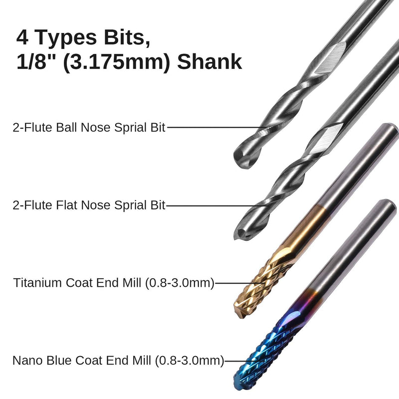 Genmitsu end mill set with a total of 40 CNC router bits, 3.175mm (1/8") shank, CNC milling cutter set with 2-groove flat and ball nose milling cutters, Nano Blue coating & titanium coating, MC40A MC40A (40PCS)