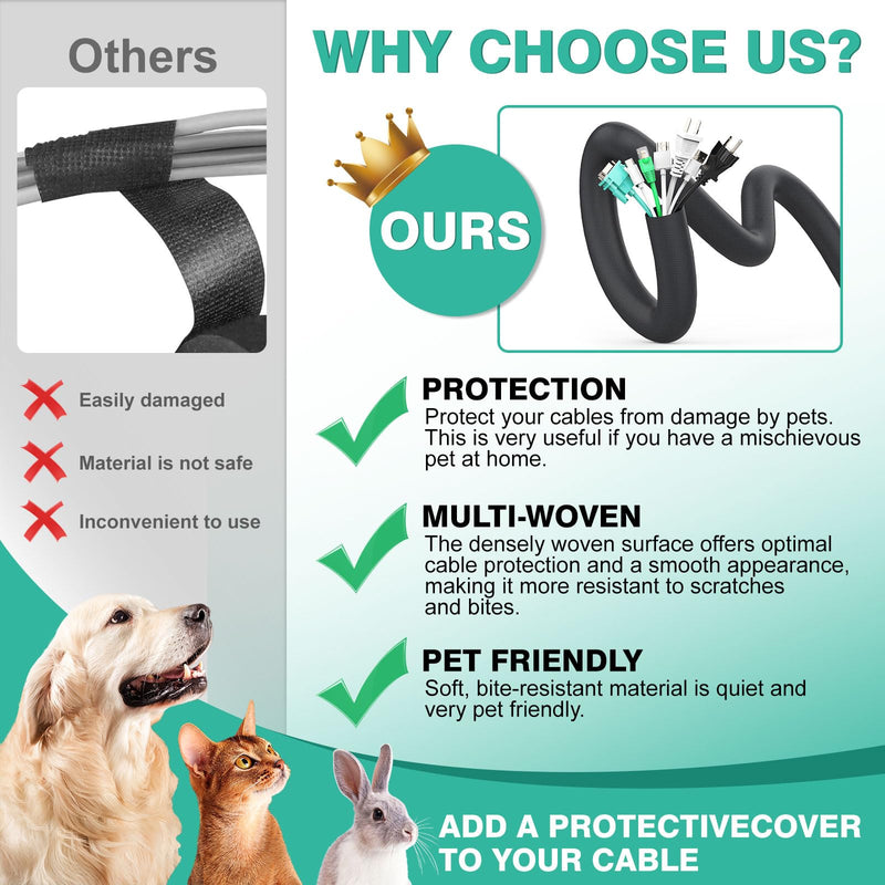 Dog and Cat Cord Protector 10ft - 1inch, Flexible Cable Sleeve for Easy Cord Management, Protects Cables from Pets Chewing, Ideal for USB, Power, Audio and Video Cords - Black 1"-10ft