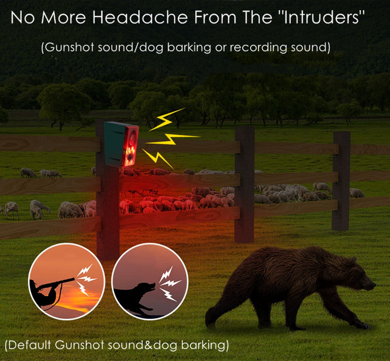 HULPPRE Solar Outdoor Motion Sensor Alarm-Dog Barking&Gunshot Sound,Support Recording&±Volume,130db Loud Noise Maker,3 Work Modes Strobe Light with USB,Say Goodbye to The Intruders Recording/volume± alarm