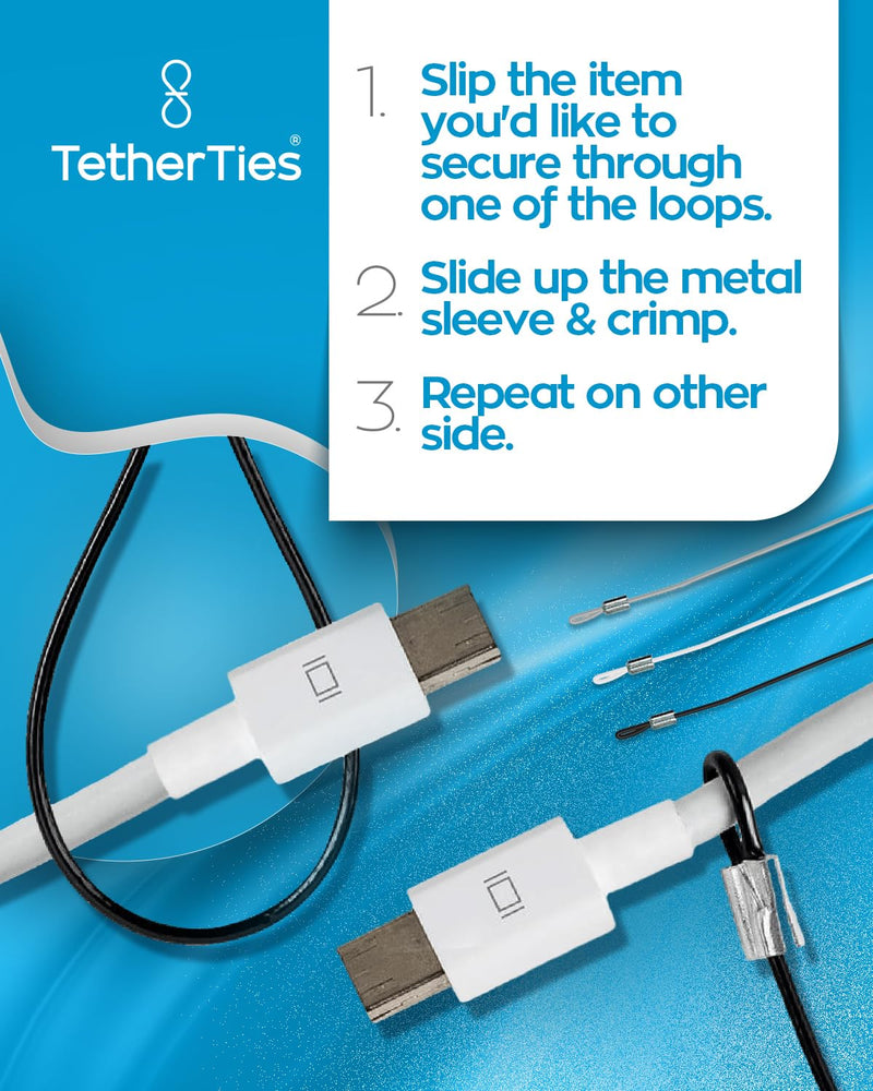 Multi-Adapter Cable Tethers Kit - Nylon coated stainless steel wire tether cable - Easy Installation - Secure Remote Control Tethers, Adapters, Dongles & More - Free Crimping Tool Silver 10 Pack Multi-Adapter TetherTies