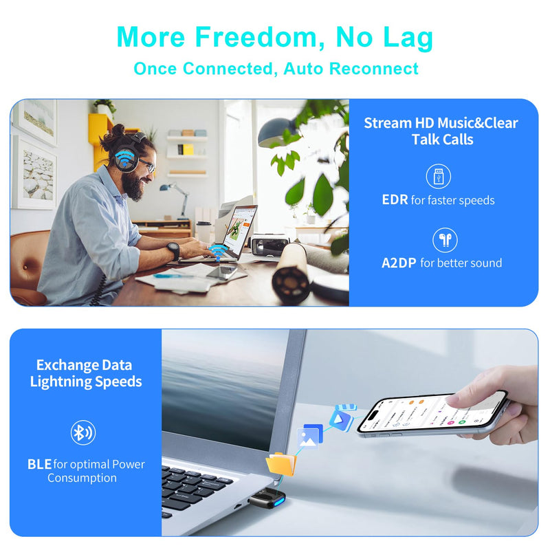 Upgraded USB Bluetooth 5.4 Adapter for PC, Wireless USB Dongle for Laptop Desktop Windows 11 10 8.1 7, Plug n Play Bluetooth Headphones Headset Speaker Mouse Keyboard Printer Controller