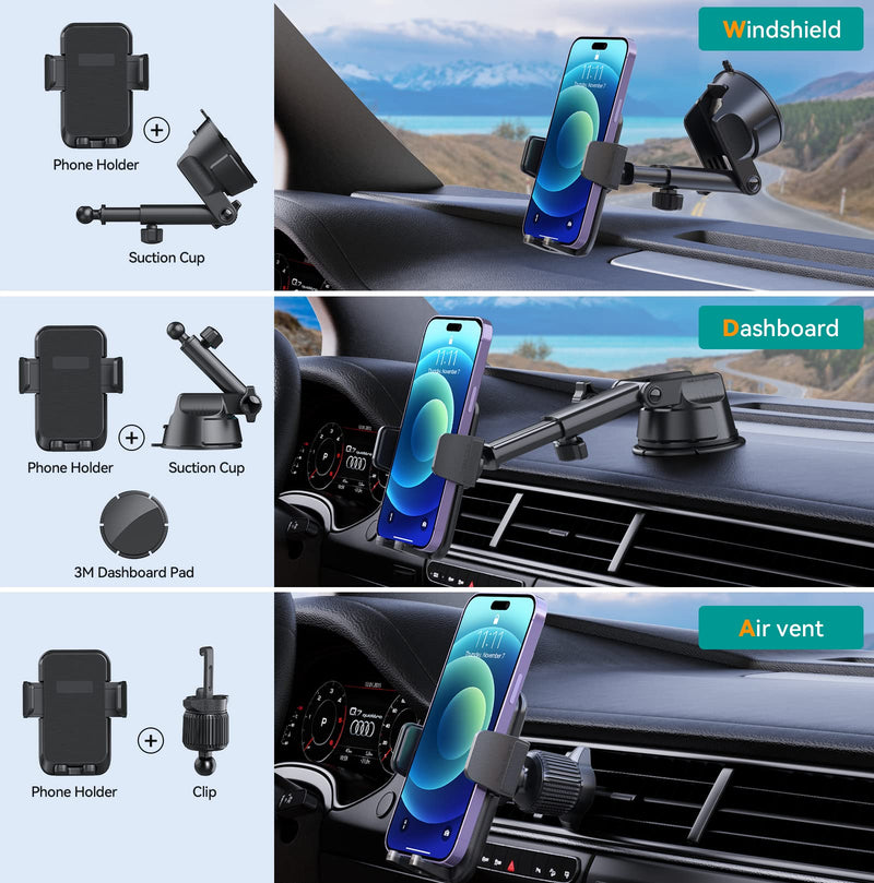 Car Phone Holder Mount, [Military-Grade Suction & Super Sturdy Base] 3 in 1 Universal Phone Mount for Car Dashboard Windshield Air Vent Hands Free Car Mount for iPhone Android Smartphone Black