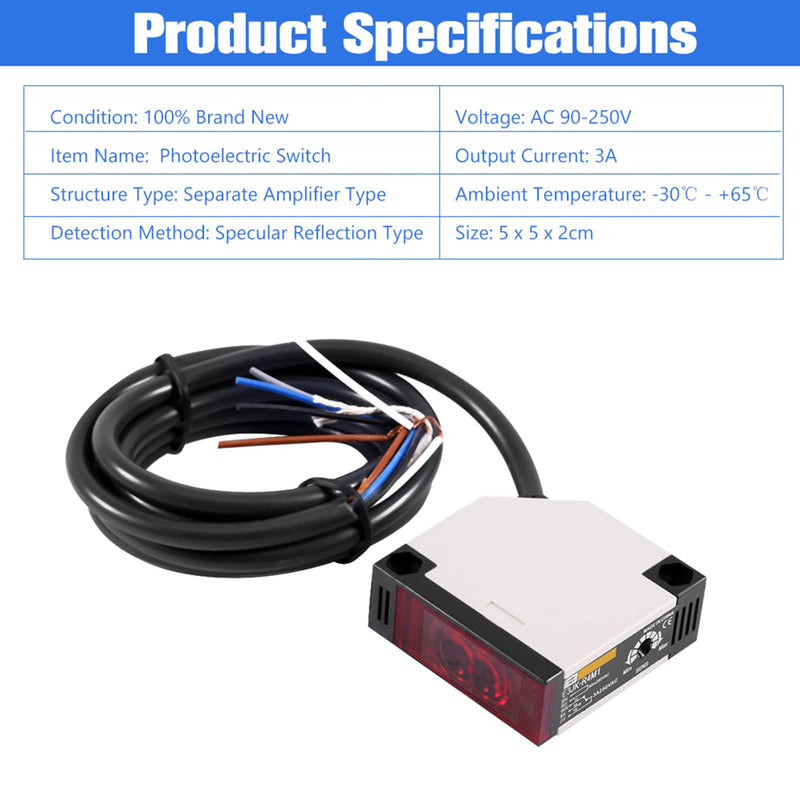 AC 90-250VAC 3A Photoelectric Sensor E3JK-R4M1 Reflective Proximity Switch Mirror Reflection Interior Wall Mounting with Reflector Plate 1.5m Cable Induction Distance 4m