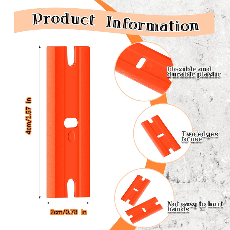 Honoson 300 Pieces Plastic Razor Blade Scraper Blades Plastic Scraper Tools Double Edge Razor Blades with a Tip Slot Edge Blades for Removing Decals, Stickers, Cleaning Window Glass (Orange) Orange