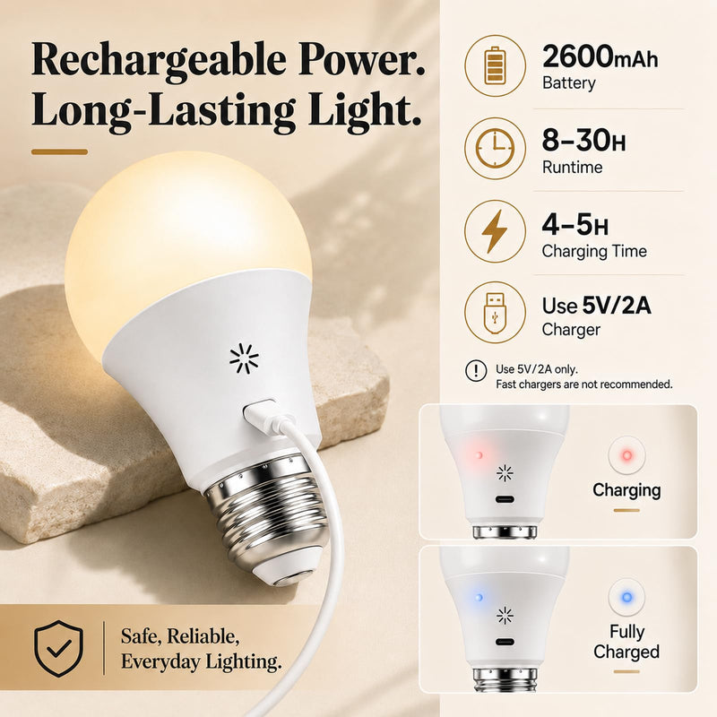 2 x 2600mAh Battery Rechargeable Light Bulb with Remote Control & Touch | E27 Akku Glühbirne, USB-C, 3 Farbtemperaturen, 9 RGB-Farben & 2 Modi, LED, Dimmbar, 8W, 3 Timer, Haken, für Lampen ohne Strom 2 Stück