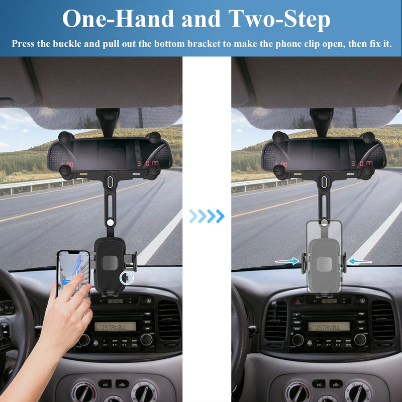 Phone Mount for Car, Rear View Mirror Phone Holder, Rotatable and Retractable Phone Holder for Car Compatible with iPhone Samsung All 4-7 Inch Cell Phones